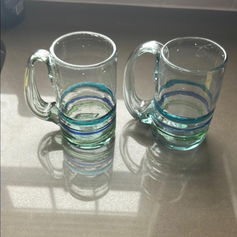 Mexican Glass Beer mugs with blue/green/turquoise swirls-  set of 2